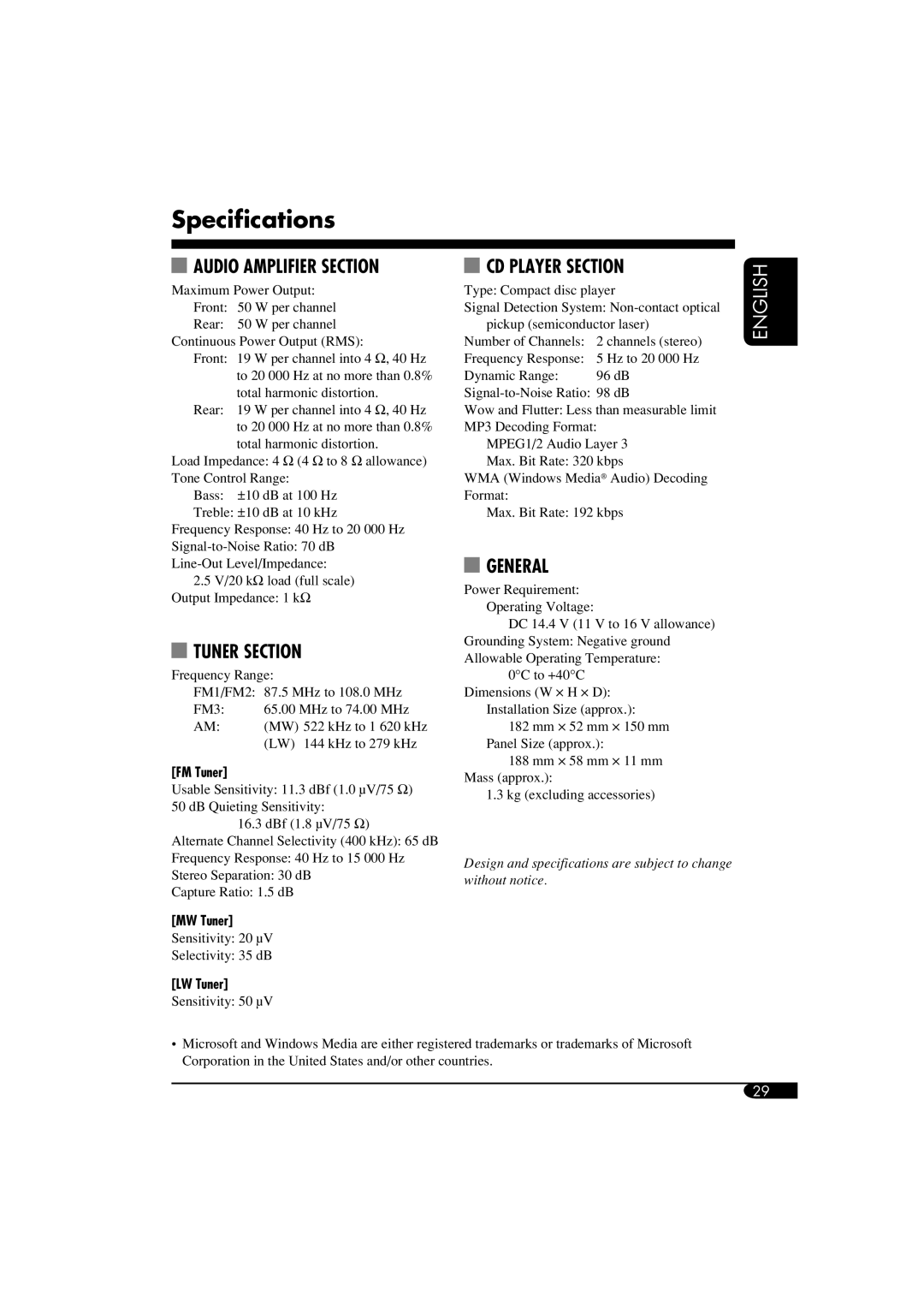 JVC KD-G417, KD-G317 manual Specifications, FM Tuner, MW Tuner, LW Tuner 