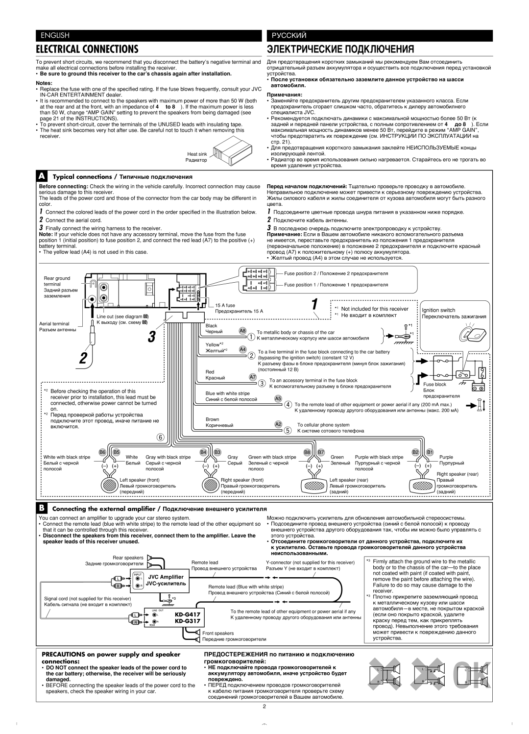 JVC KD-G317, KD-G417 manual Typical connections / Типичные подключения, Неиспользованными, JVC-усилитель 