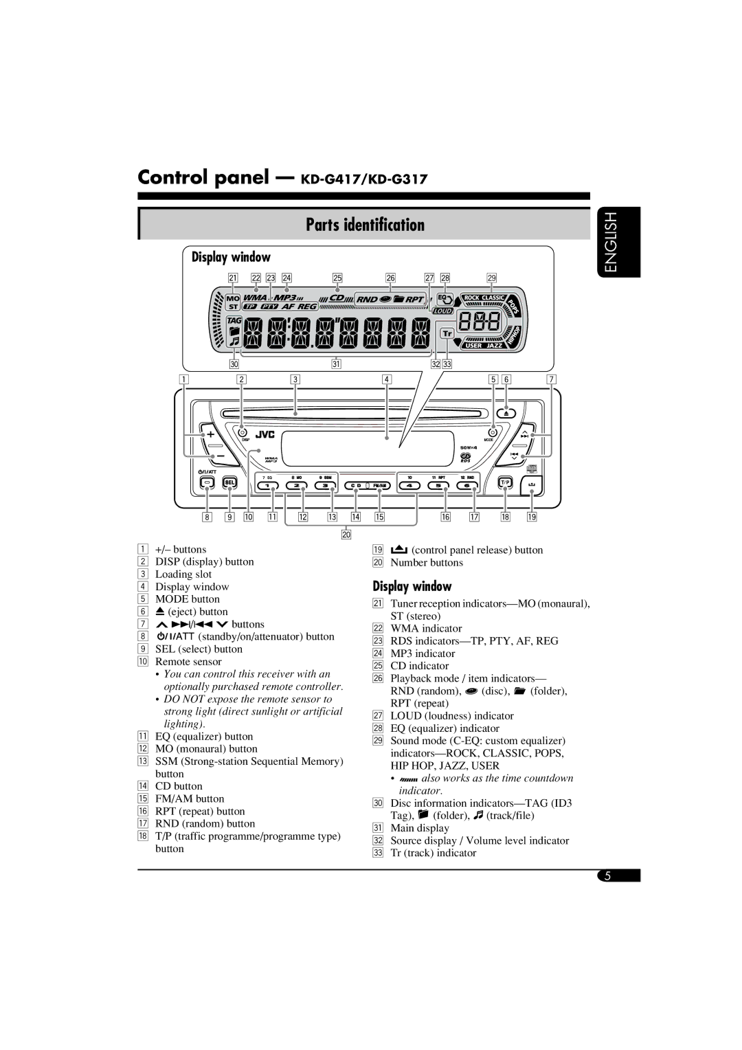 JVC manual Control panel KD-G417/KD-G317, Parts identification, Display window 