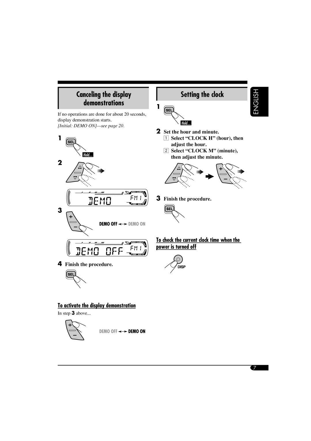 JVC KD-G417, KD-G317 manual Canceling the display Demonstrations, Setting the clock, To activate the display demonstration 