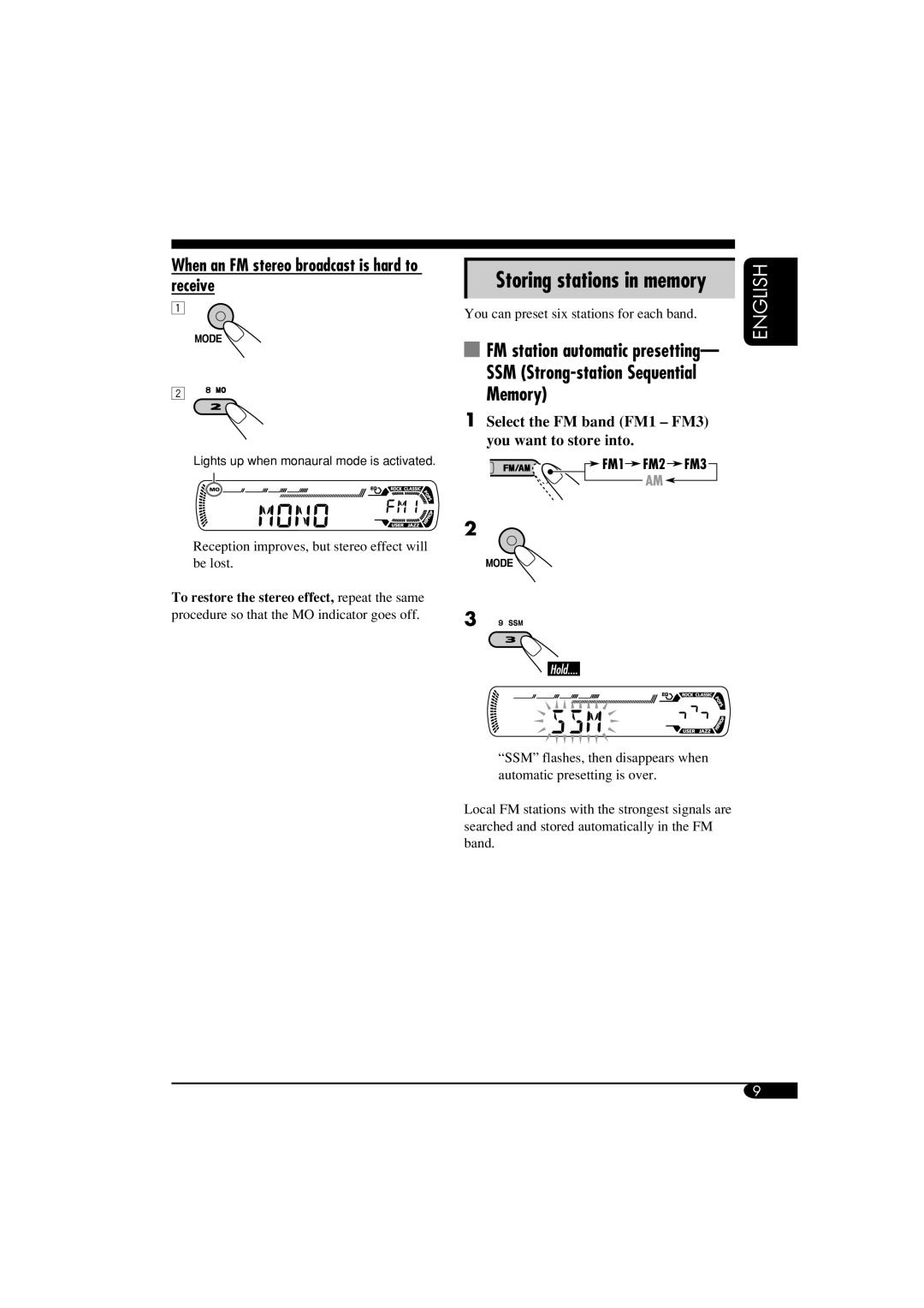 JVC KD-G417, KD-G317 manual When an FM stereo broadcast is hard to receive, Storing stations in memory 