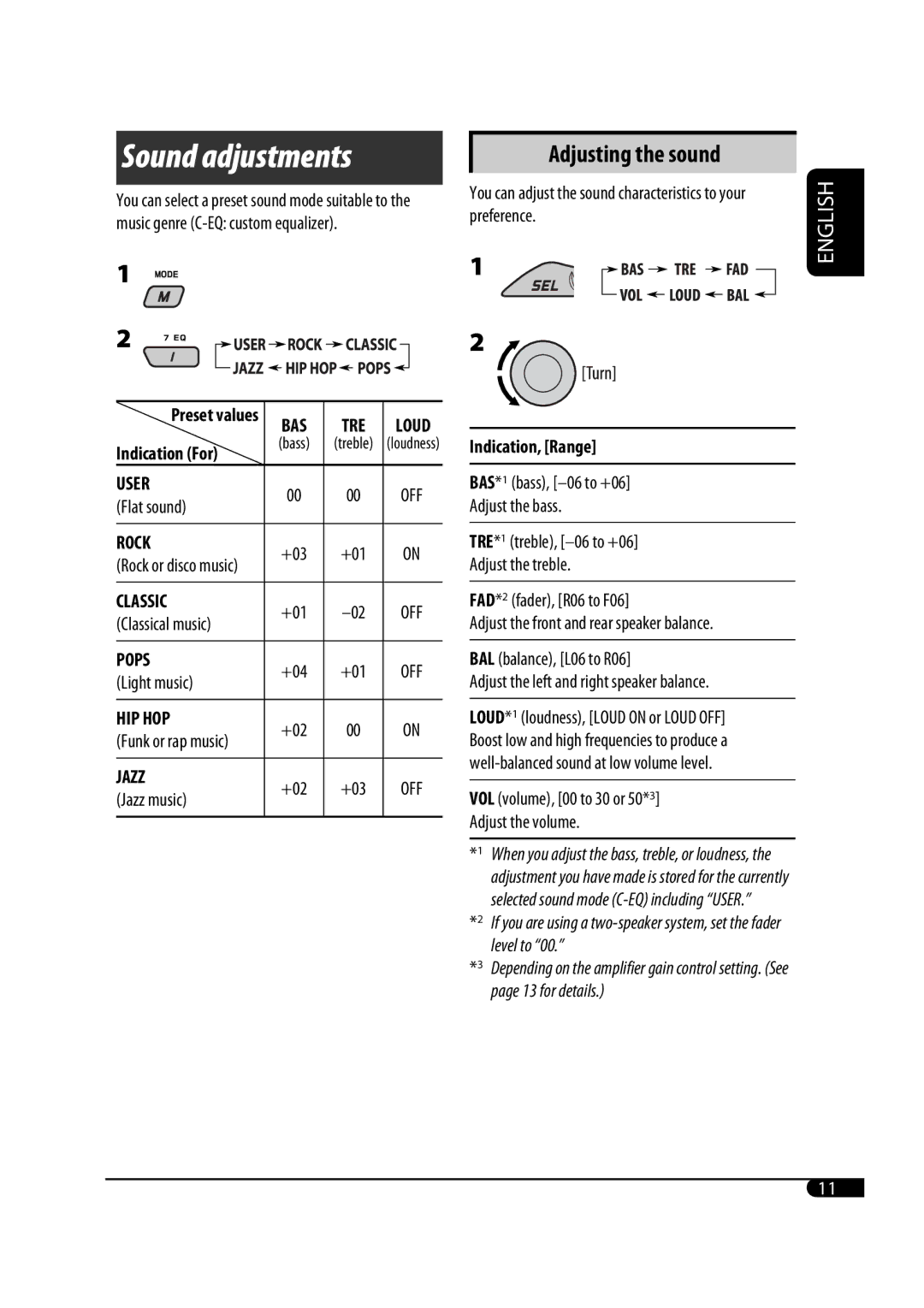 JVC KD-G331, KD-G333, KD-G332 manual Sound adjustments, Adjusting the sound 