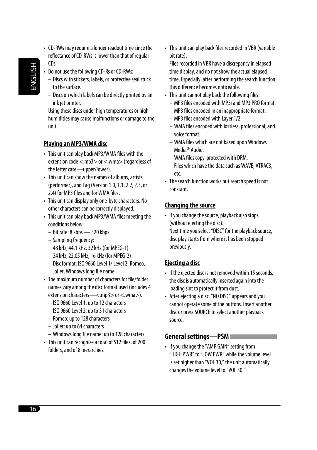 JVC KD-G332, KD-G333, KD-G331 manual Playing an MP3/WMA disc, Changing the source, Ejecting a disc, General settings-PSM 