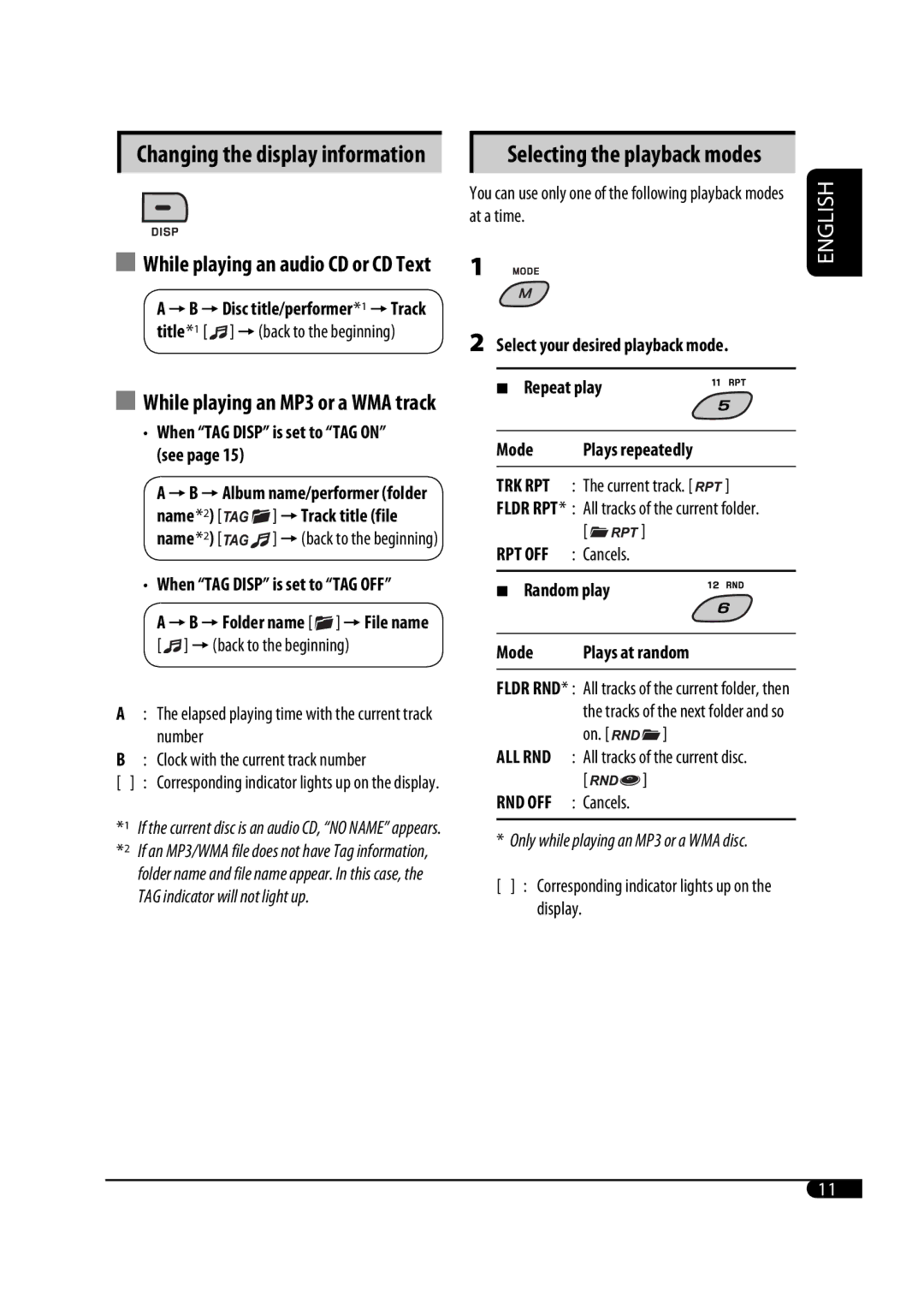 JVC KD-G343 Changing the display information, Name*2 =Track title file, Selecting the playback modes, Repeat play Mode 