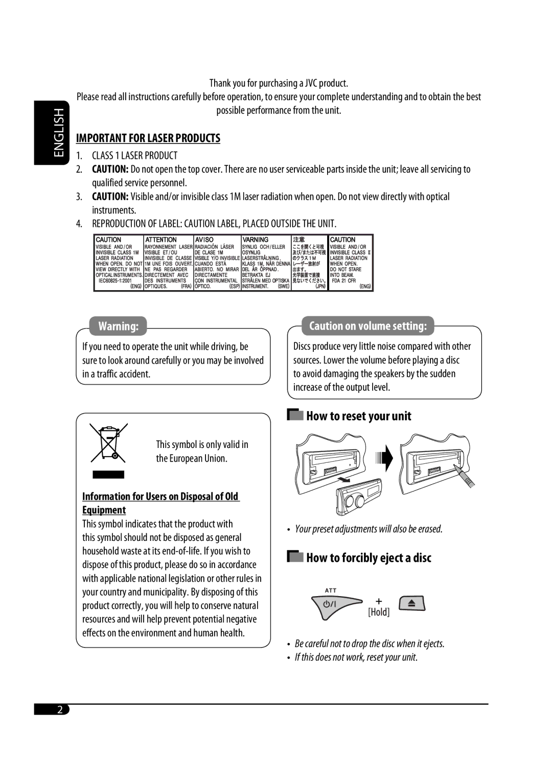 JVC KD-G343 manual How to reset your unit, How to forcibly eject a disc, Thank you for purchasing a JVC product 