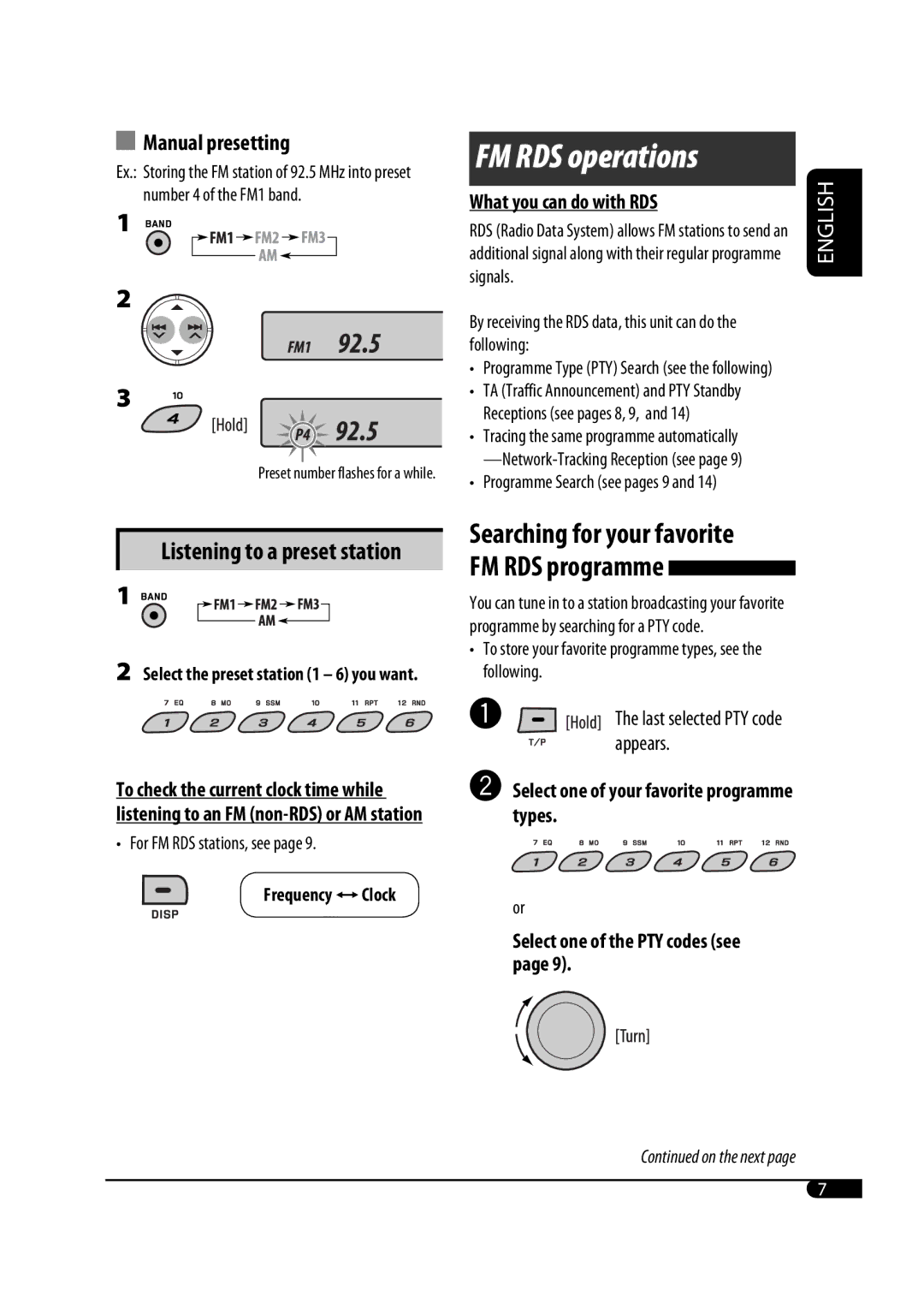 JVC KD-G343 manual FM RDS operations, Manual presetting, What you can do with RDS, Listening to a preset station 