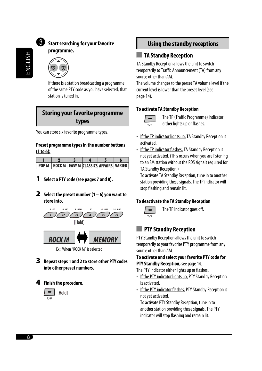 JVC KD-G343 manual Types, Using the standby receptions, TA Standby Reception, PTY Standby Reception, Programme 