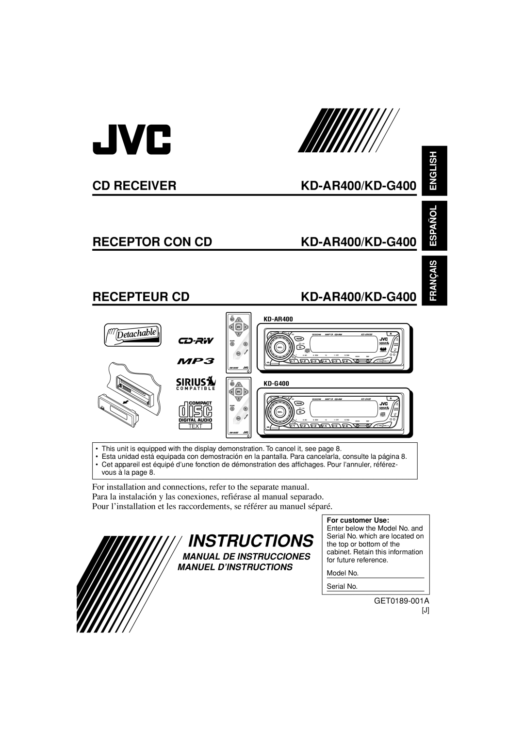 JVC KD-G400 manual Recepteur CD, For customer Use 