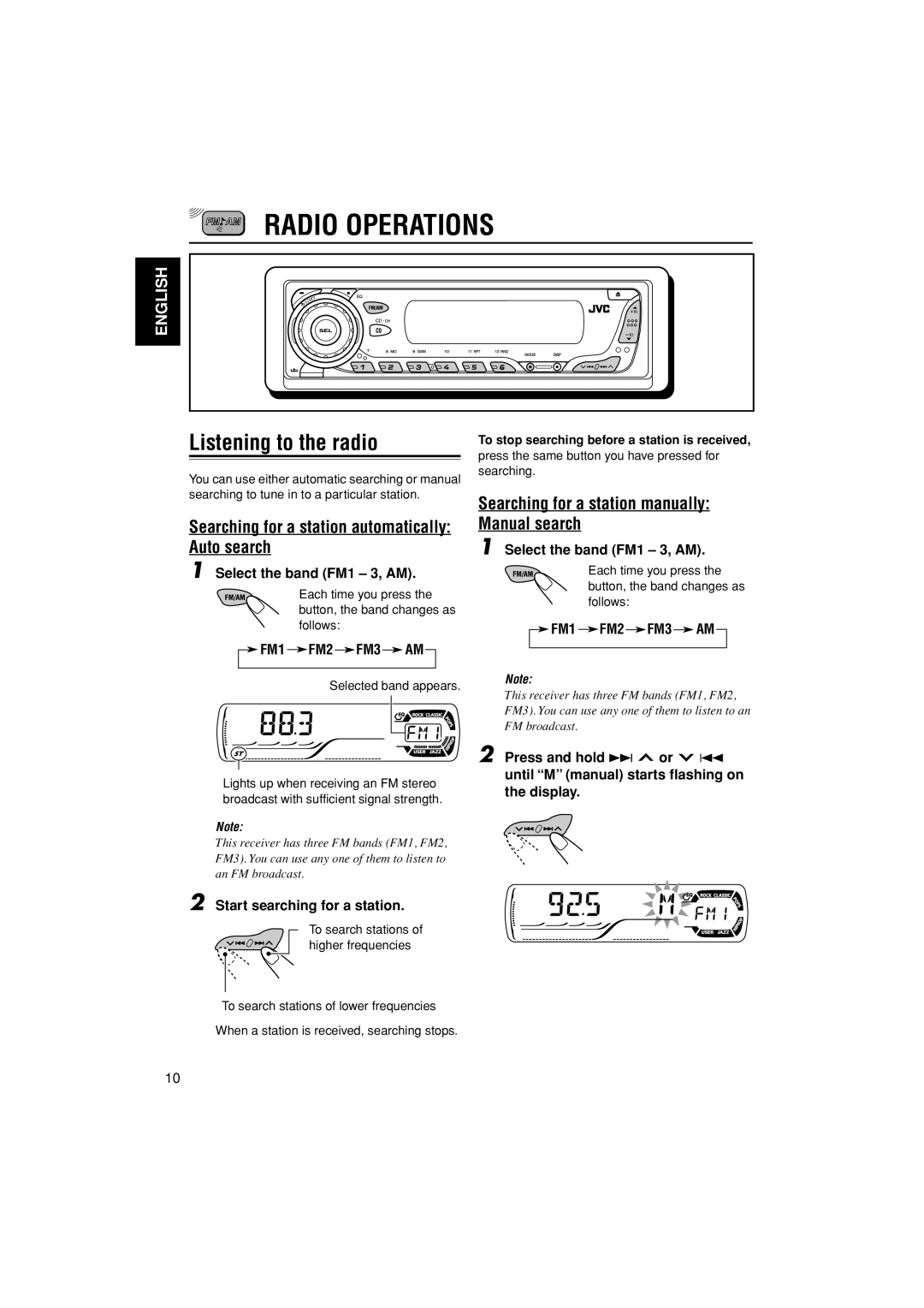 JVC KD-G400 manual Radio Operations, Listening to the radio, Searching for a station automatically Auto search 