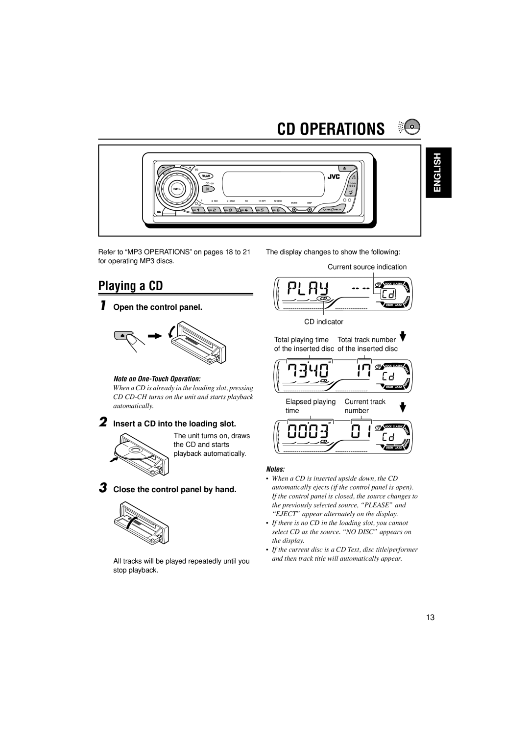 JVC KD-G400 manual CD Operations, Playing a CD, Open the control panel, Insert a CD into the loading slot 