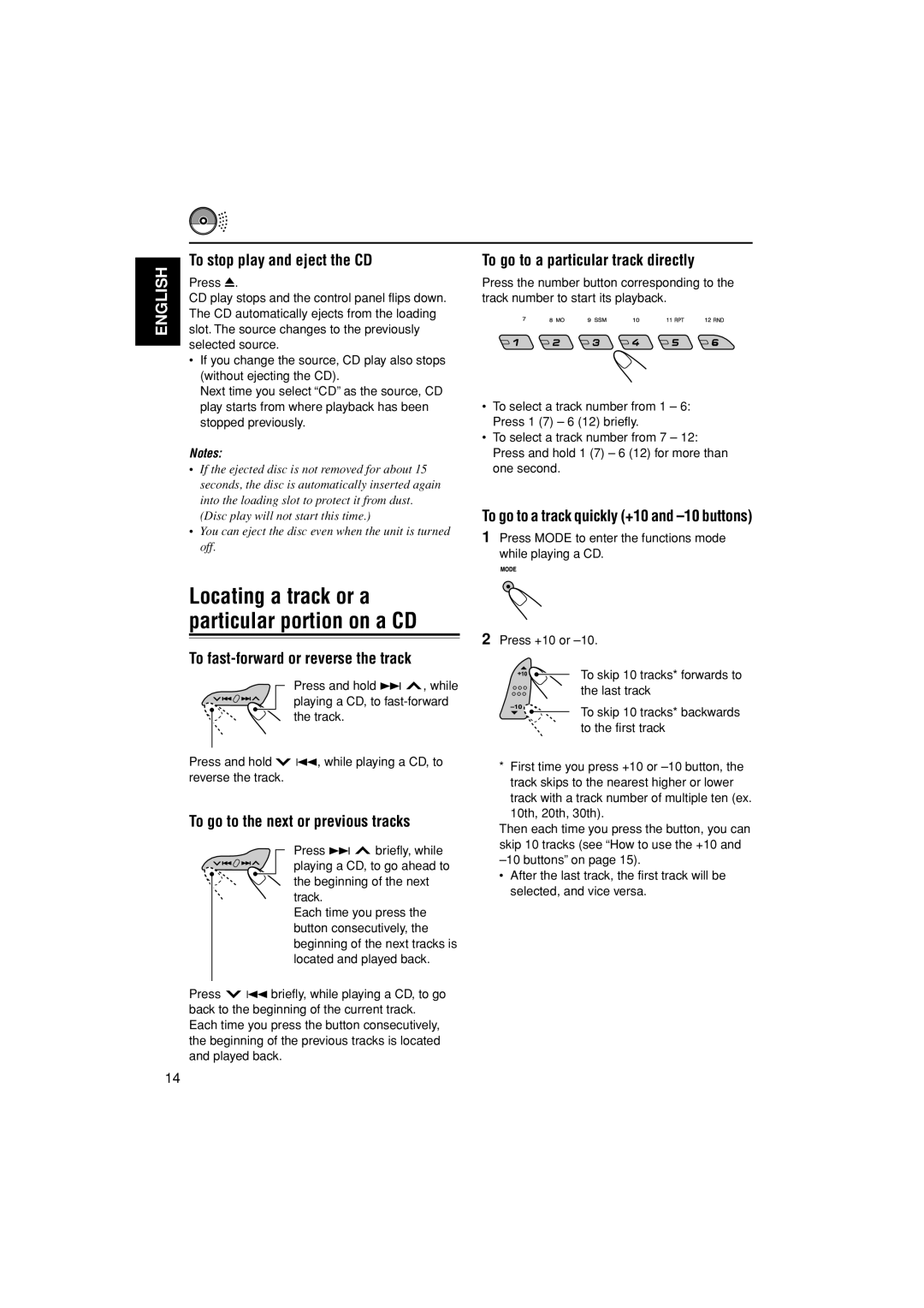 JVC KD-G400 To stop play and eject the CD, To go to a particular track directly, To fast-forward or reverse the track 