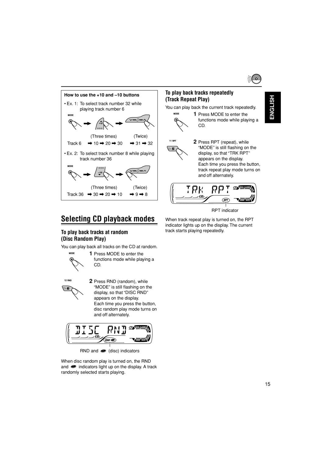 JVC KD-G400 manual Selecting CD playback modes, To play back tracks at random Disc Random Play 