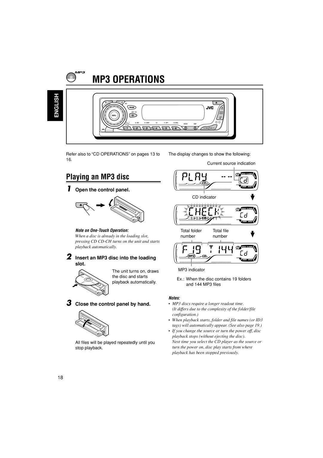 JVC KD-G400 manual MP3 Operations, Playing an MP3 disc, Insert an MP3 disc into the loading slot 