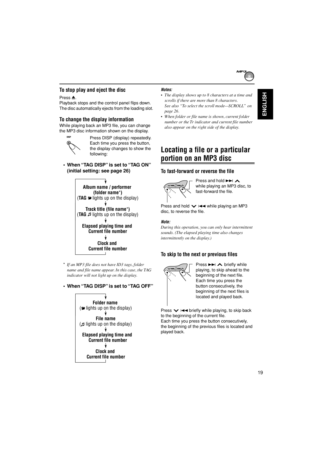 JVC KD-G400 manual Locating a file or a particular portion on an MP3 disc, To stop play and eject the disc 