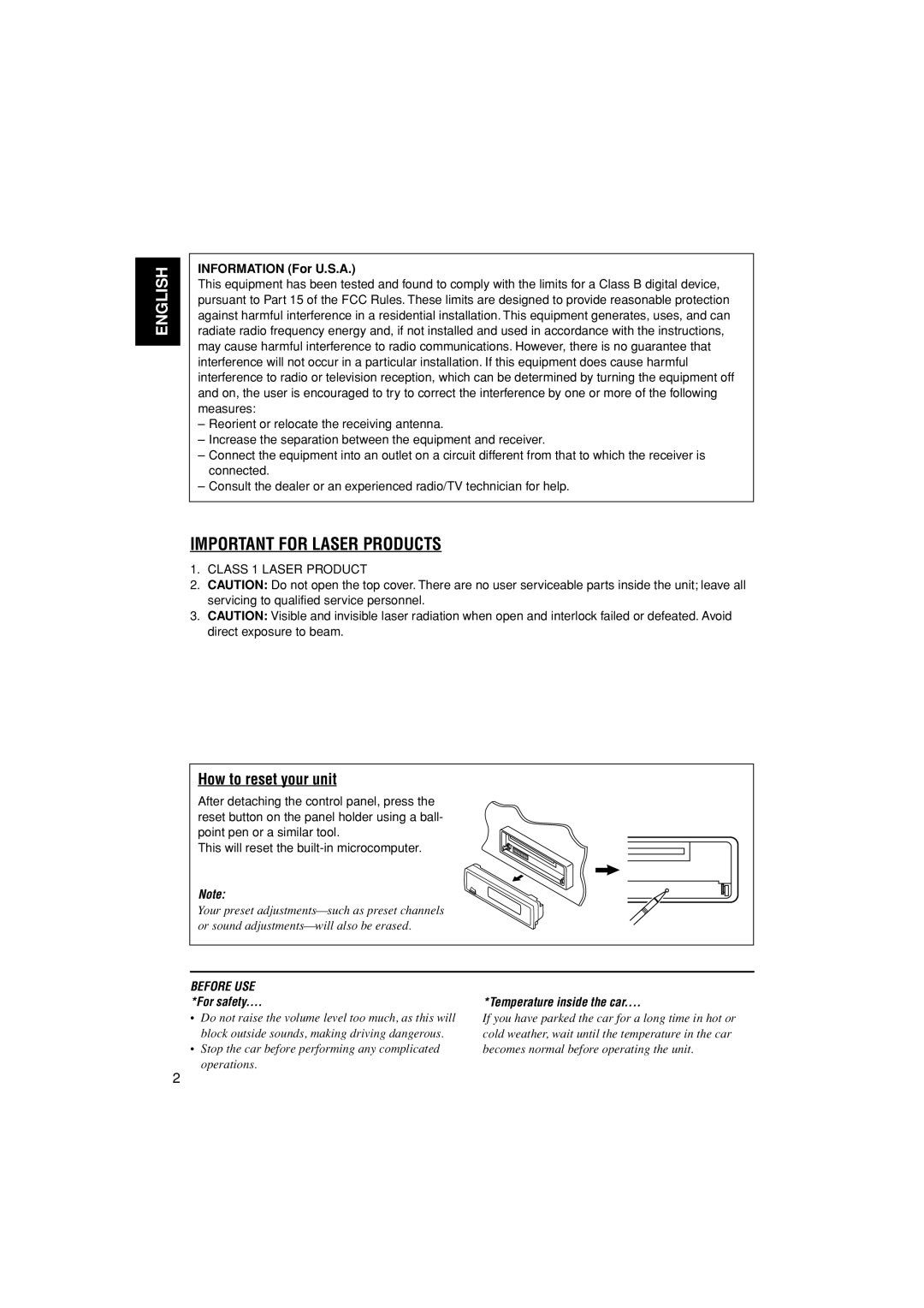 JVC KD-G400 manual How to reset your unit, Information For U.S.A 