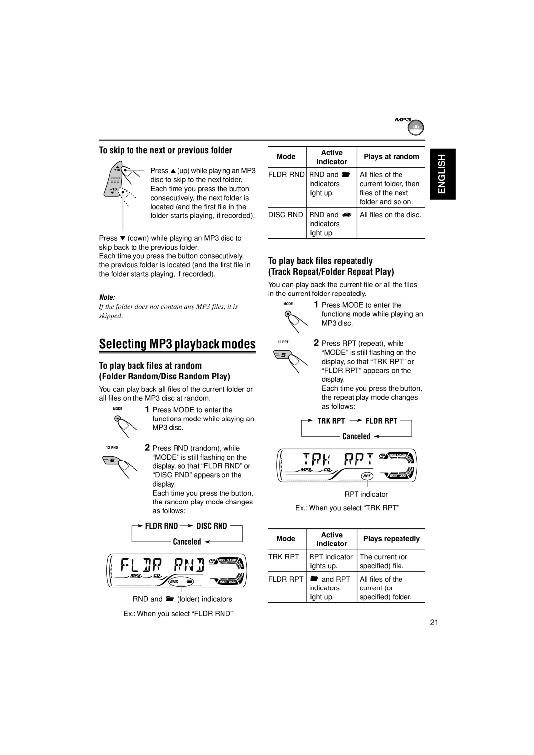 JVC KD-G400 manual Selecting MP3 playback modes, To skip to the next or previous folder, Canceled 