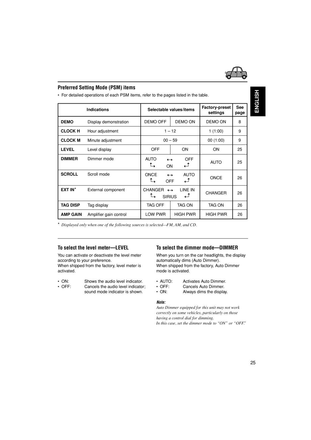 JVC KD-G400 manual Preferred Setting Mode PSM items, To select the level meter-LEVEL, To select the dimmer mode-DIMMER, See 