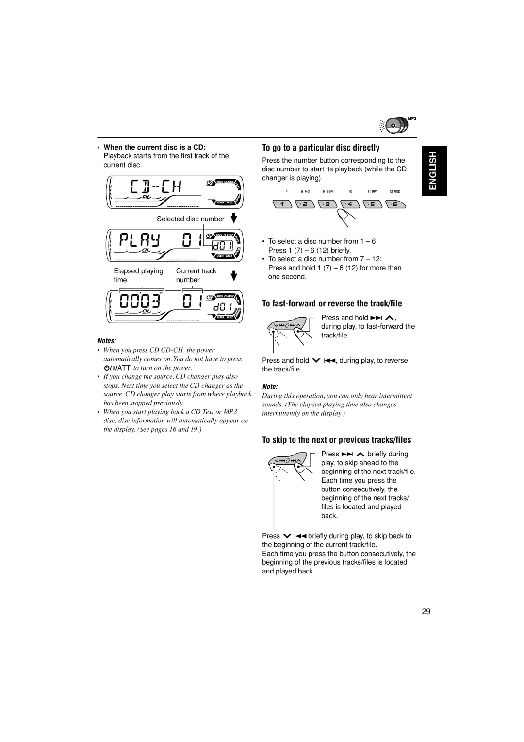 JVC KD-G400 manual To go to a particular disc directly, To fast-forward or reverse the track/file 