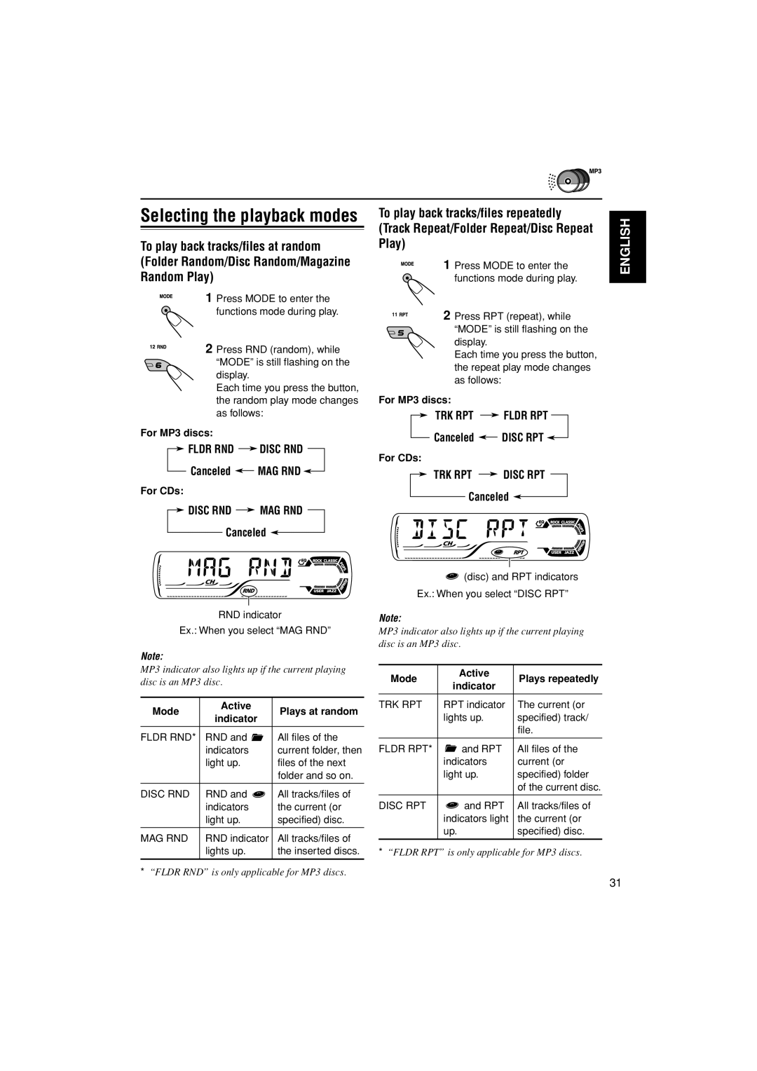 JVC KD-G400 manual Selecting the playback modes, Canceled MAG RND, Canceled Disc RPT 