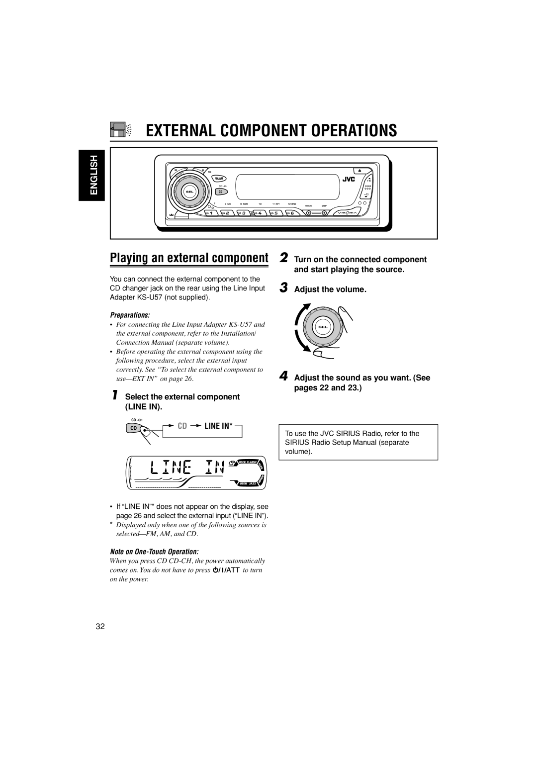 JVC KD-G400 manual External Component Operations, Playing an external component, Select the external component Line 