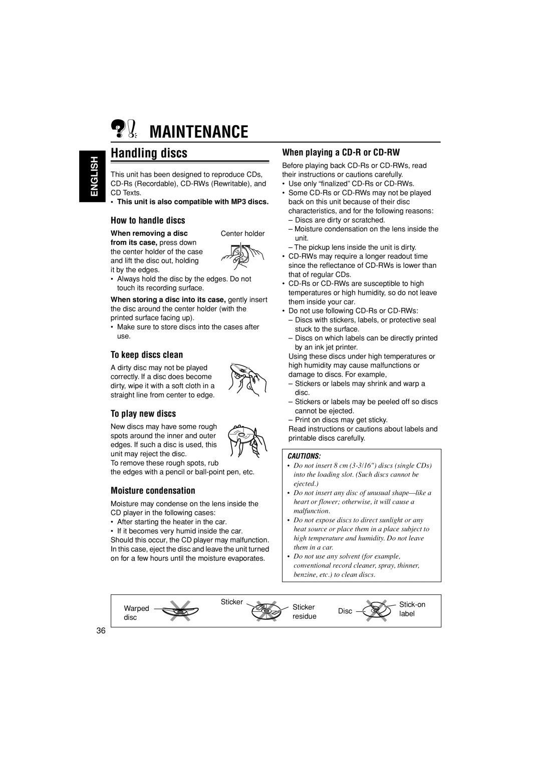 JVC KD-G400 manual Maintenance, Handling discs 