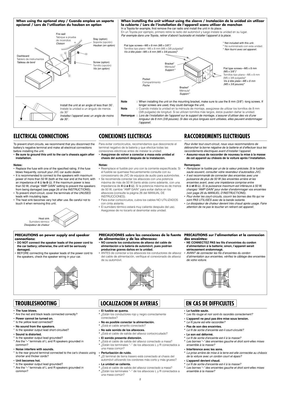 JVC KD-G400 manual Longer screws are used, they could damage the unit, Fuse blows, Sound is distorted, Unit becomes hot 