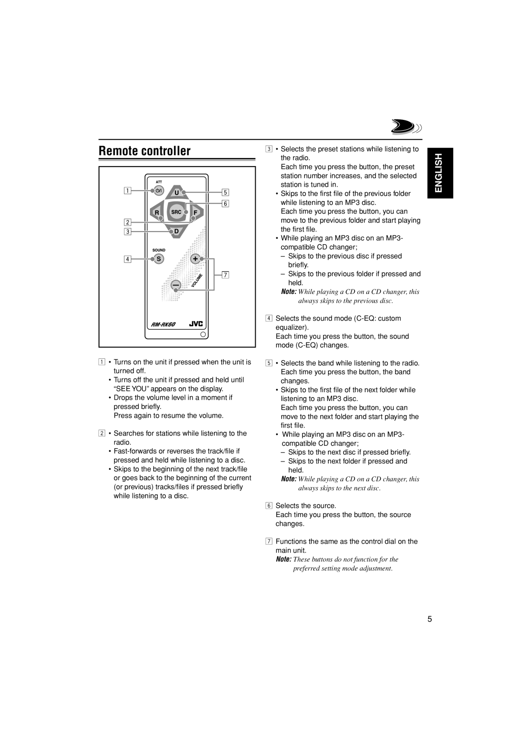 JVC KD-G400 manual Remote controller 