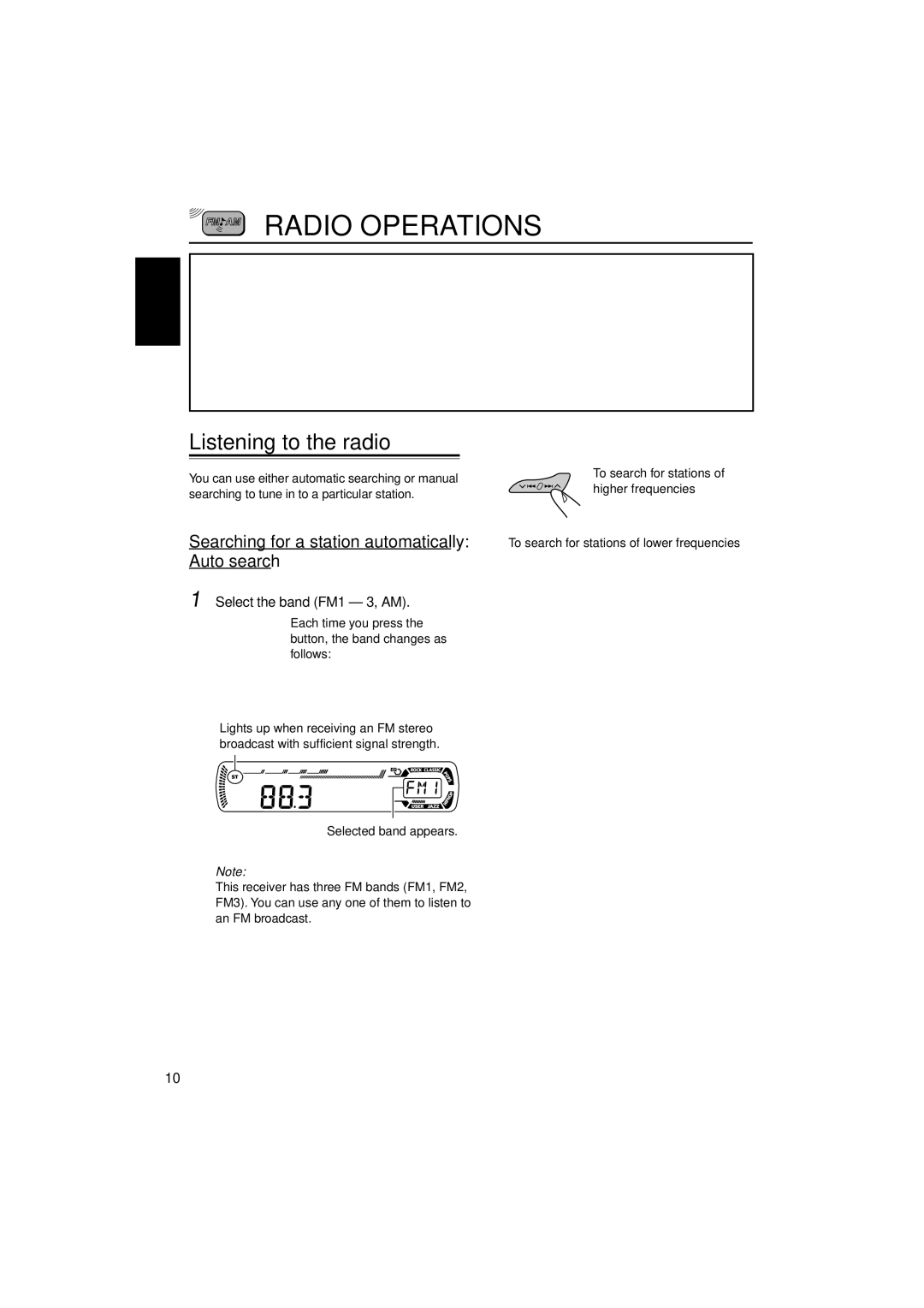 JVC KD-G405, KD-G455 manual Radio Operations, Listening to the radio, Searching for a station automatically Auto search 