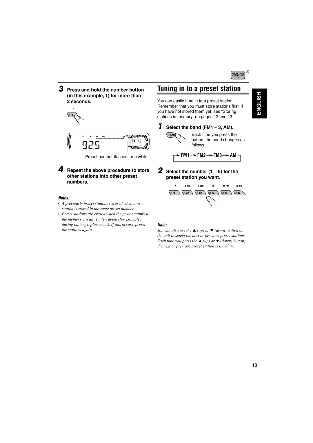 JVC KD-G455, KD-G405 manual Tuning in to a preset station, Preset number flashes for a while 