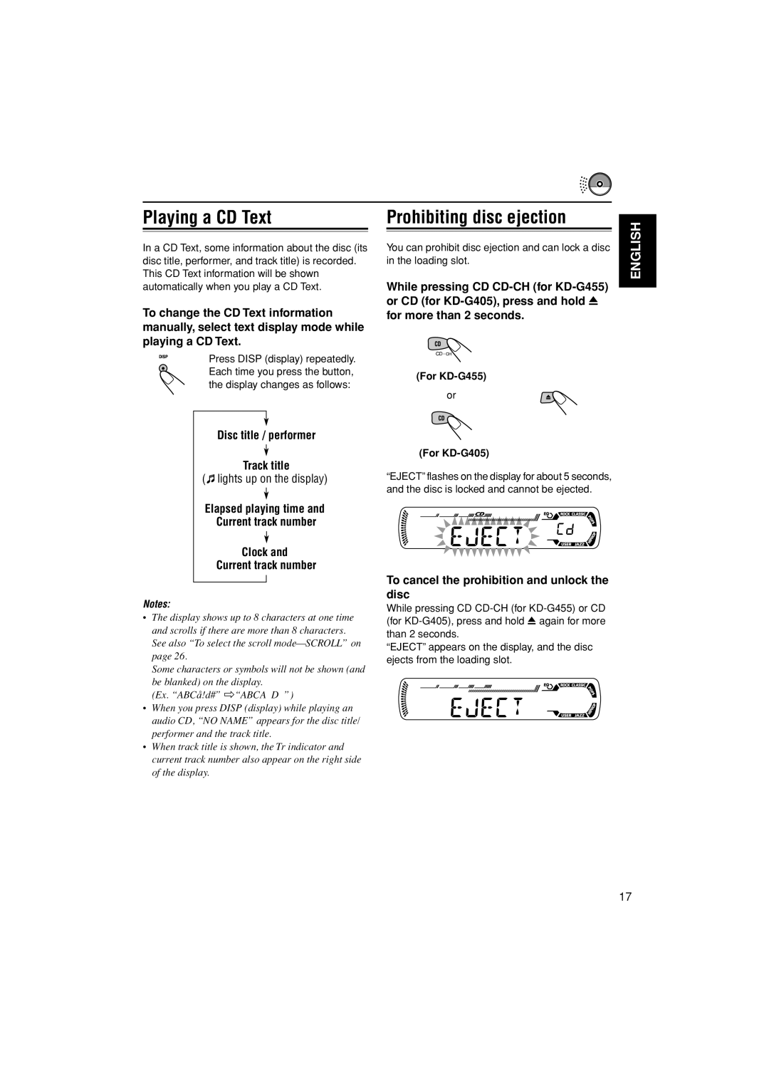 JVC KD-G405 manual Playing a CD Text Prohibiting disc ejection, Disc title / performer Track title, For KD-G455 