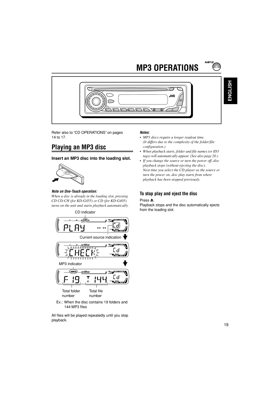 JVC KD-G455 MP3 Operations, Playing an MP3 disc, To stop play and eject the disc, Insert an MP3 disc into the loading slot 