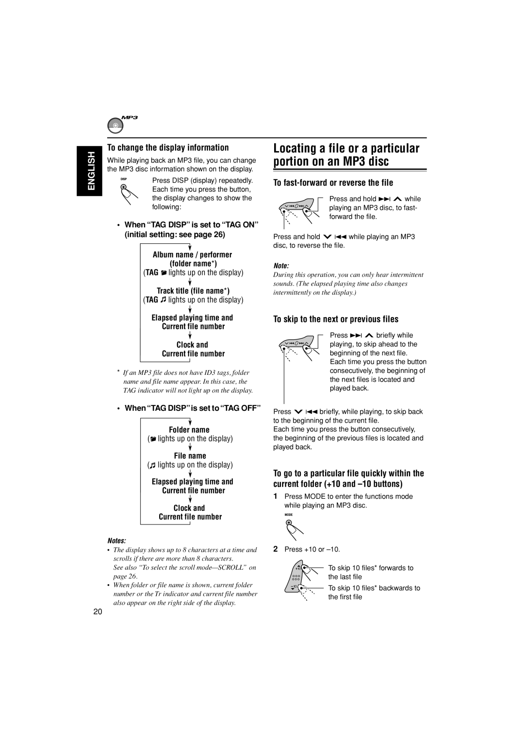 JVC KD-G405, KD-G455 manual Locating a file or a particular portion on an MP3 disc, To change the display information 