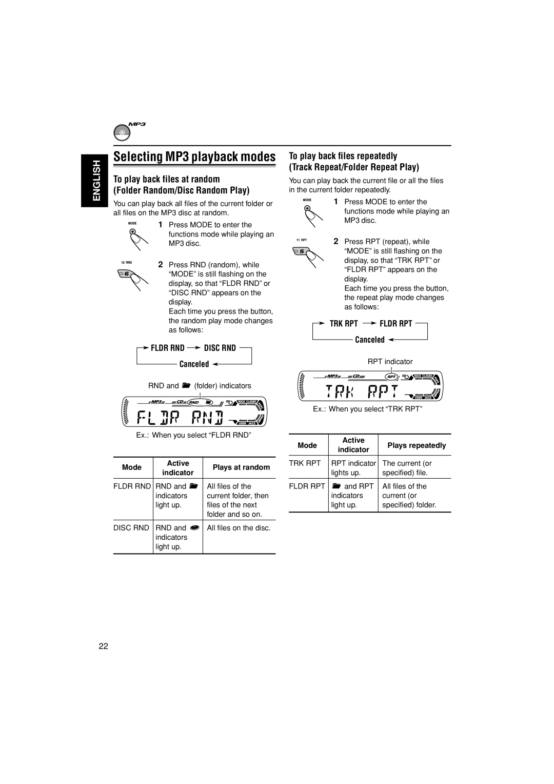 JVC KD-G405 Selecting MP3 playback modes, To play back files at random Folder Random/Disc Random Play, Fldr RND Disc RND 