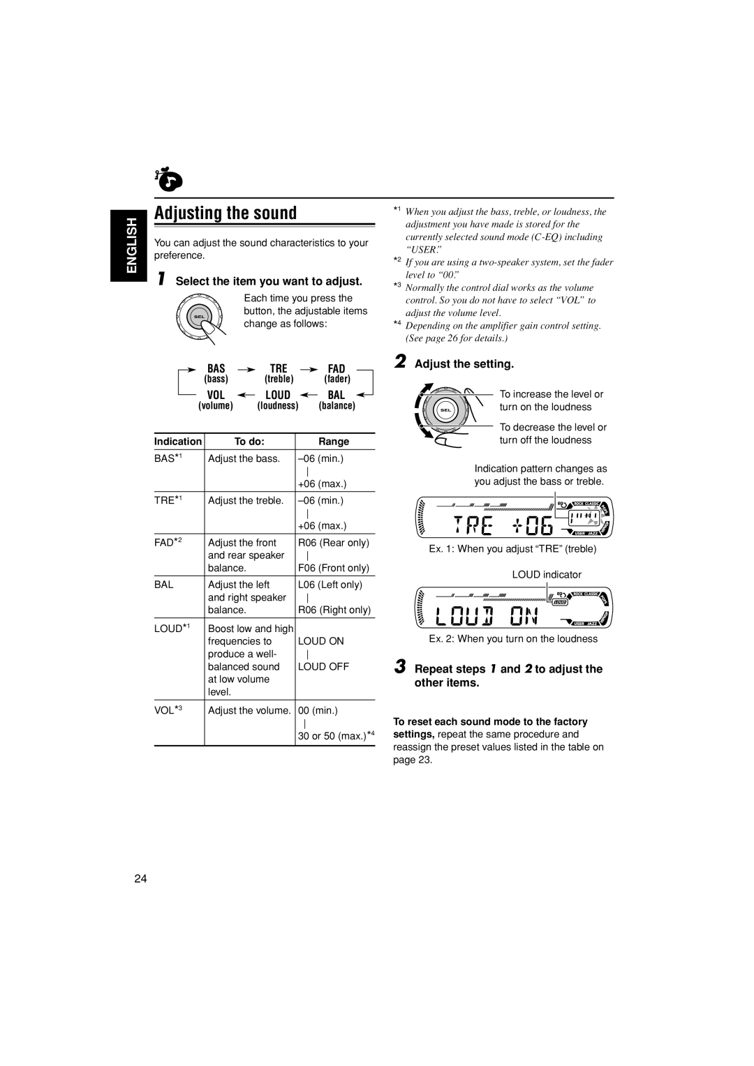 JVC KD-G405, KD-G455 manual Adjusting the sound, Bas, Vol 