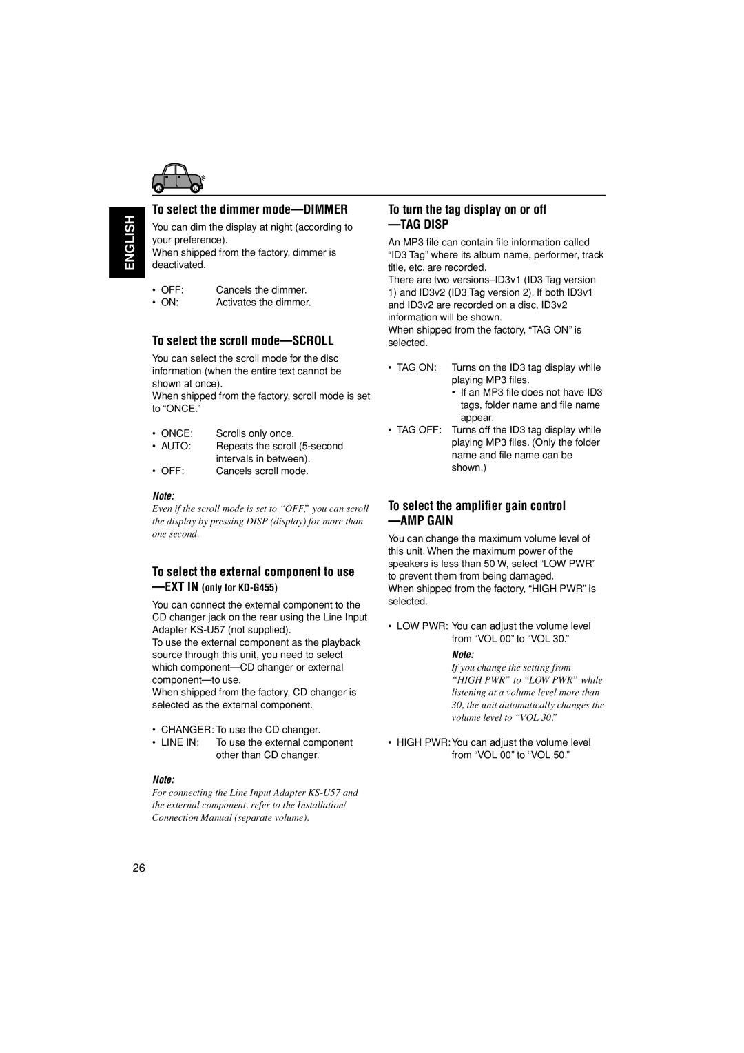 JVC KD-G405, KD-G455 To select the dimmer mode-DIMMER, To select the scroll mode-SCROLL, To turn the tag display on or off 