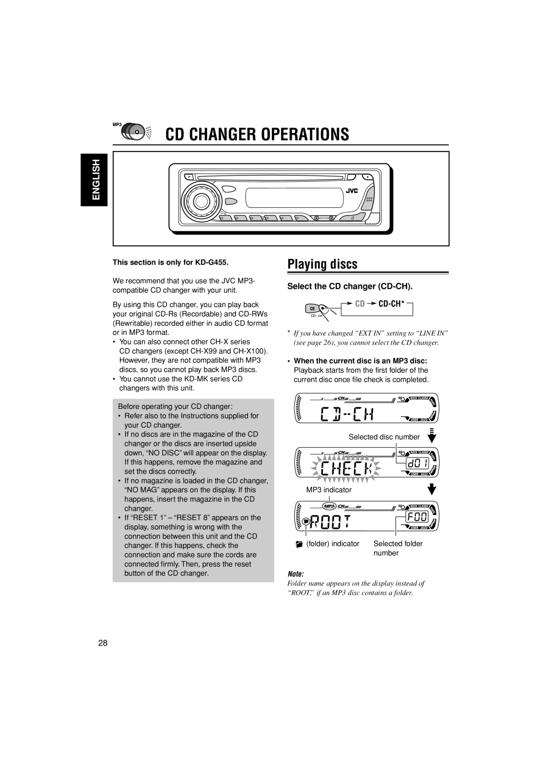 JVC KD-G405 CD Changer Operations, Playing discs, Select the CD changer CD-CH CD CD-CH, This section is only for KD-G455 