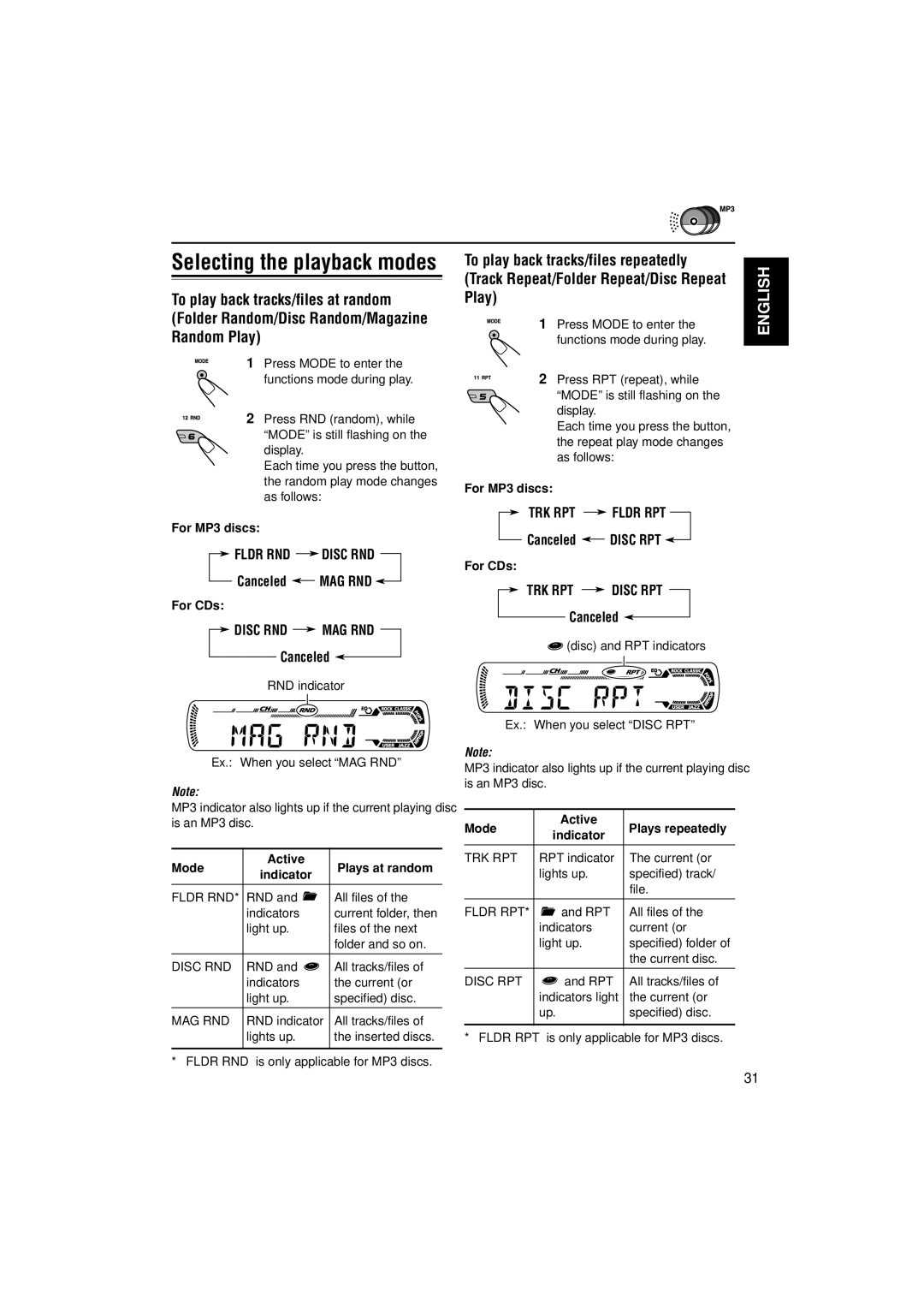 JVC KD-G455, KD-G405 Selecting the playback modes, Canceled MAG RND, Disc RND MAG RND, Canceled Disc RPT, TRK RPT Disc RPT 