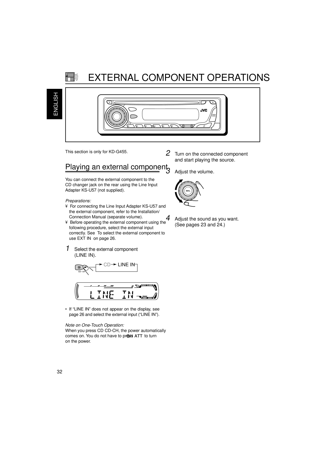 JVC KD-G405, KD-G455 manual External Component Operations, Select the external component Line CD Line 