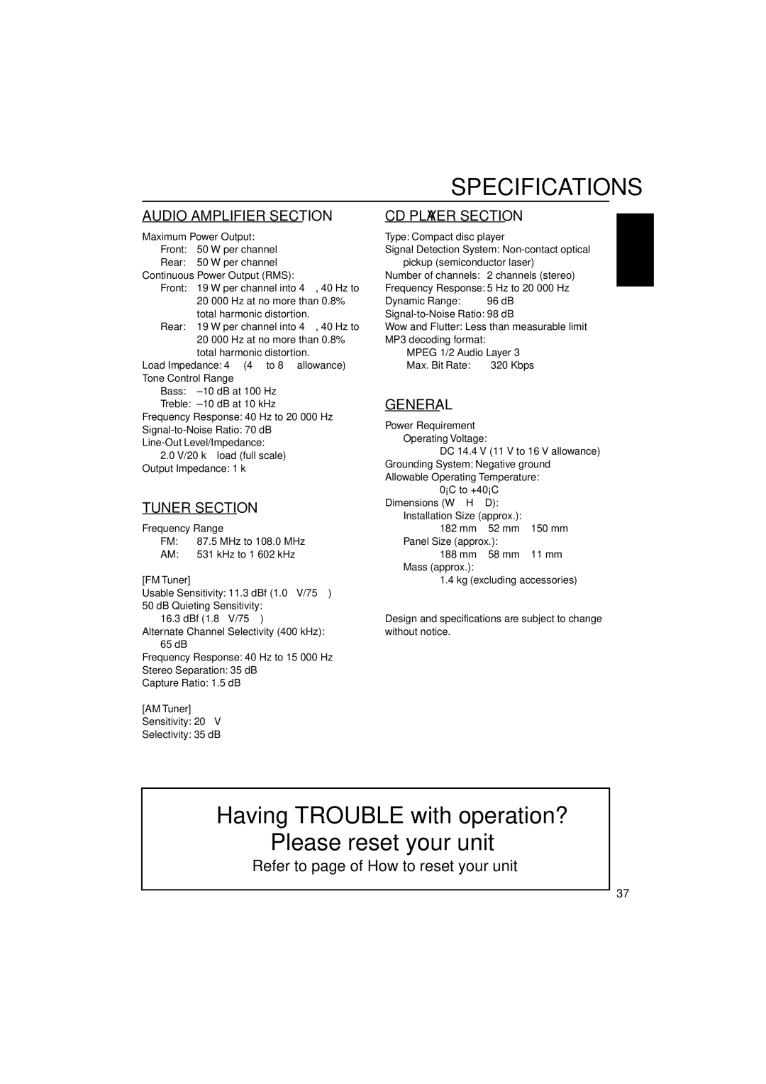 JVC KD-G455, KD-G405 manual Specifications, Frequency Range MHz to 108.0 MHz KHz to 1 602 kHz, FM Tuner, AM Tuner 