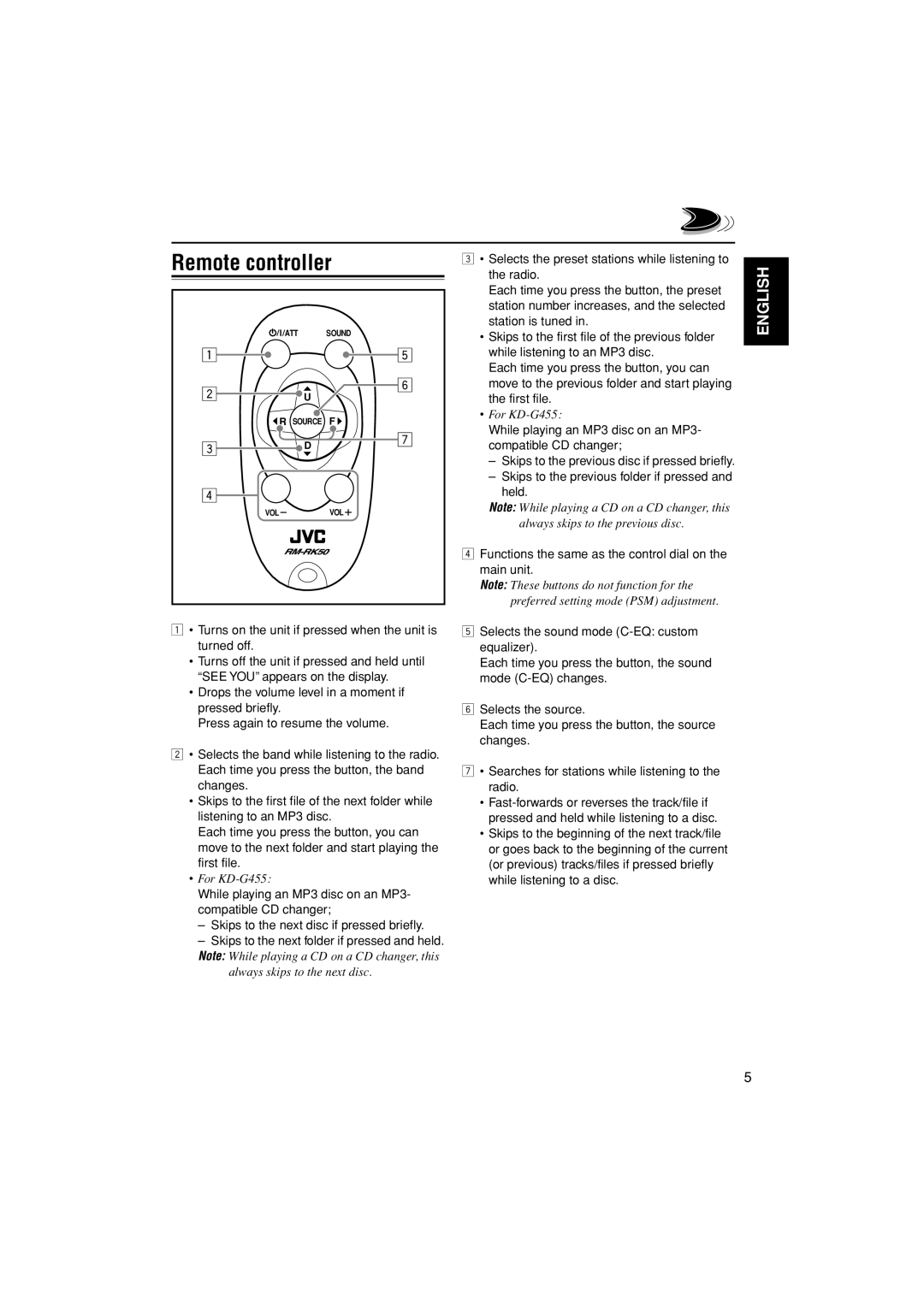 JVC KD-G455, KD-G405 manual Remote controller 