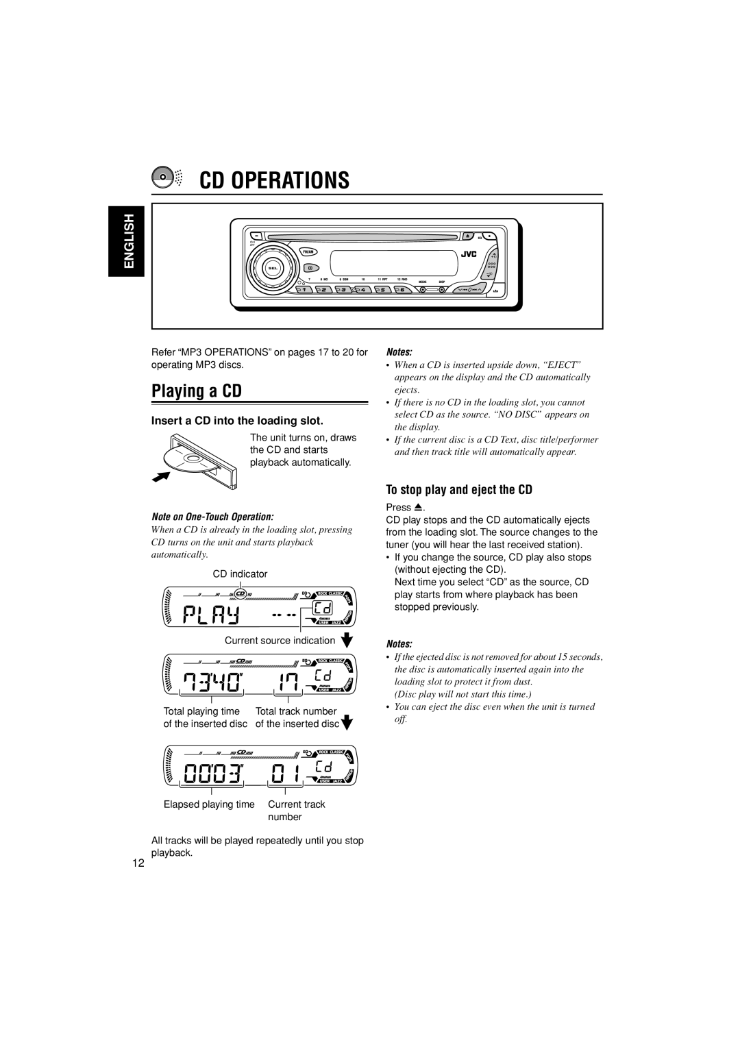 JVC KD-G407 manual CD Operations, Playing a CD, To stop play and eject the CD, Insert a CD into the loading slot 