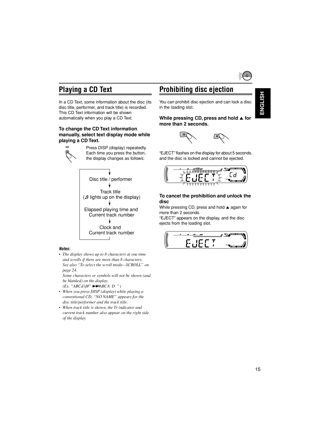 JVC KD-G407 manual Playing a CD Text Prohibiting disc ejection, While pressing CD, press and hold 0 for more than 2 seconds 