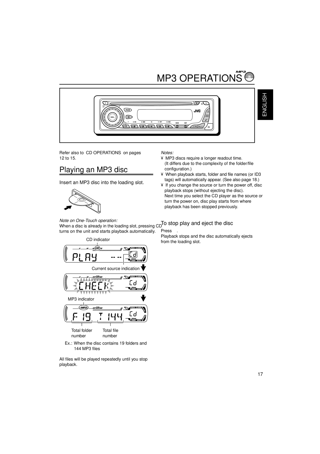 JVC KD-G407 MP3 Operations, Playing an MP3 disc, To stop play and eject the disc, Insert an MP3 disc into the loading slot 