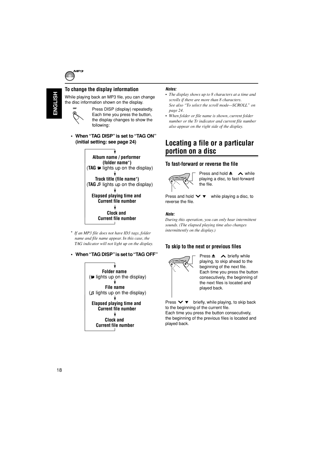 JVC KD-G407 To change the display information, To fast-forward or reverse the file, To skip to the next or previous files 