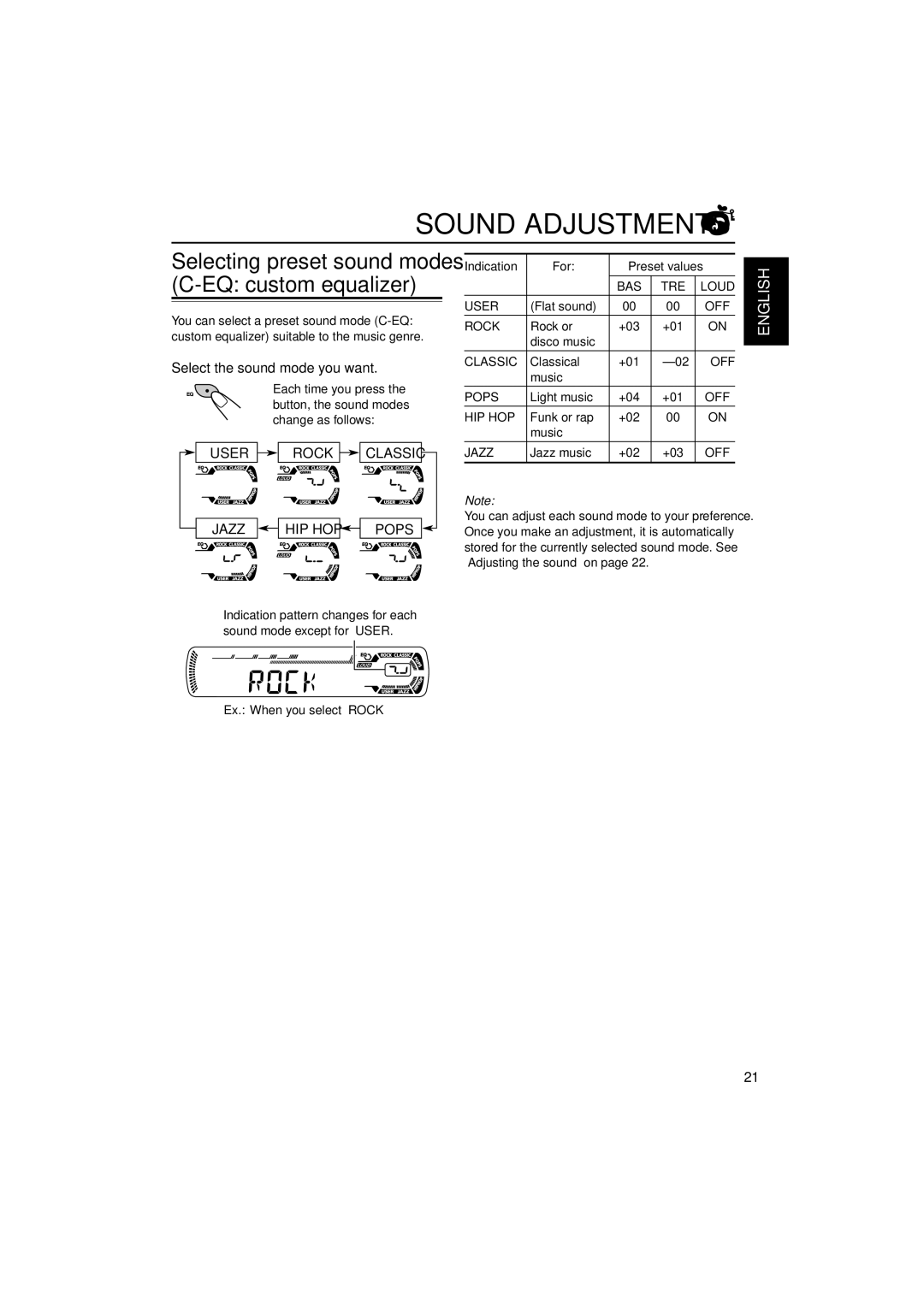 JVC KD-G407 manual Sound Adjustments, Select the sound mode you want, Indication For Preset values 