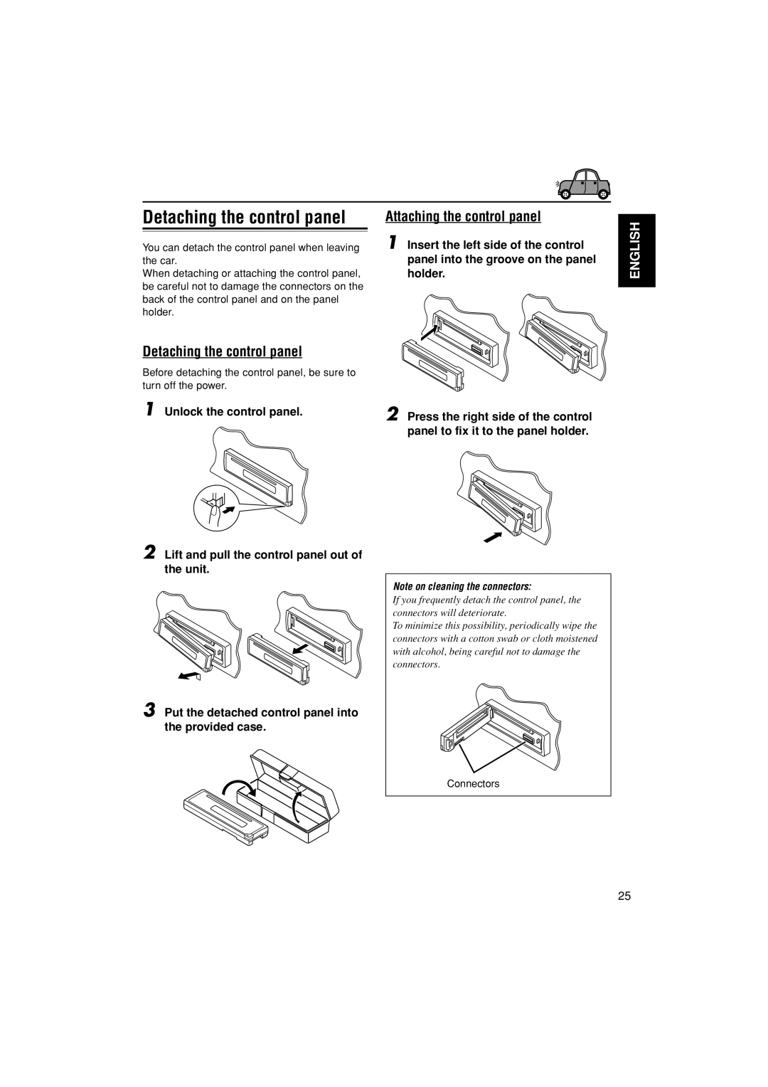 JVC KD-G407 manual Detaching the control panel, Attaching the control panel 