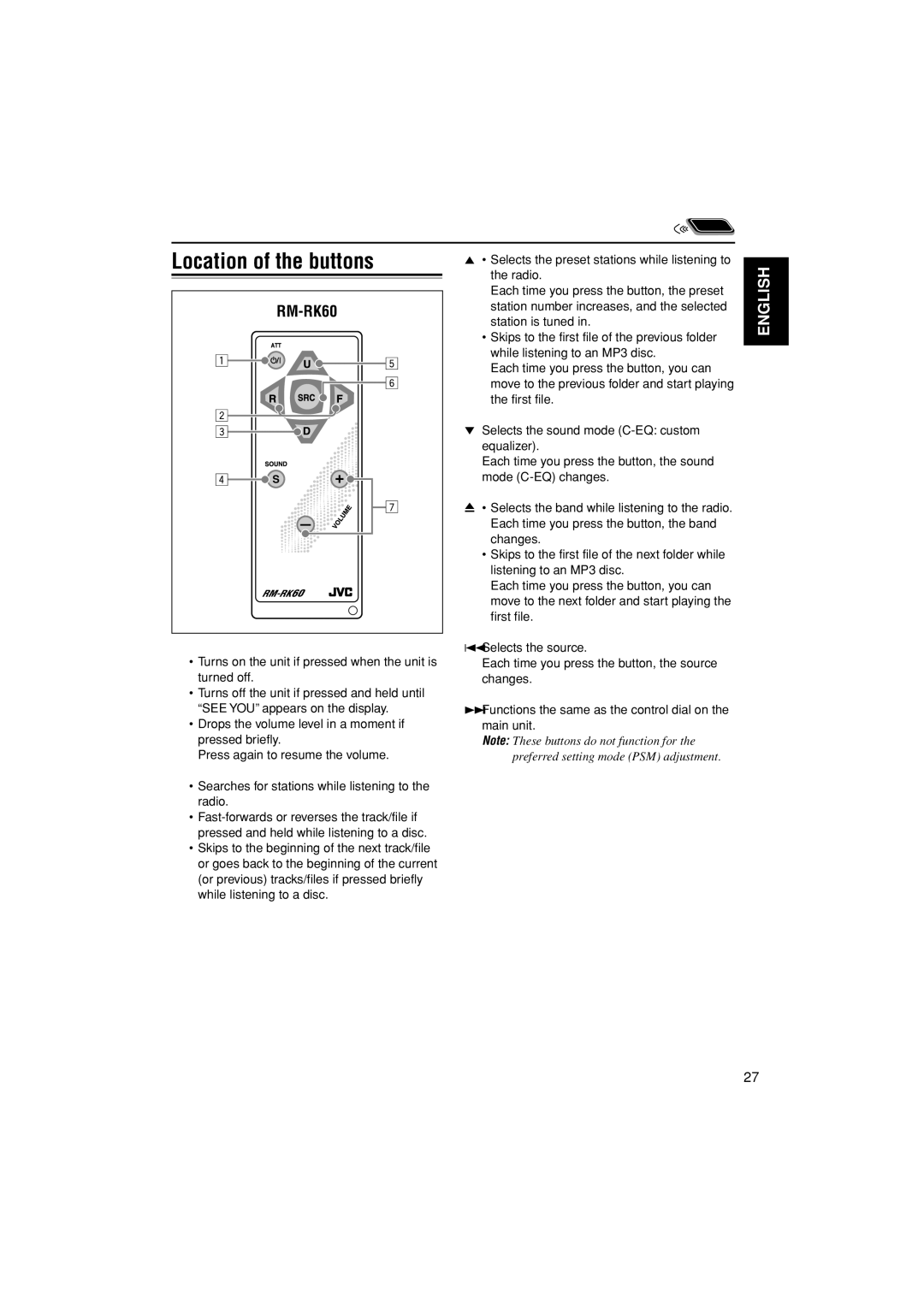 JVC KD-G407 manual Location of the buttons, RM-RK60 