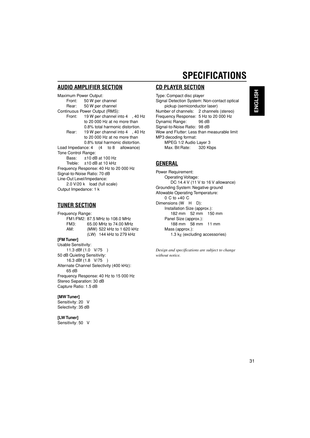 JVC KD-G407 manual Specifications, FM Tuner, MW Tuner, LW Tuner 