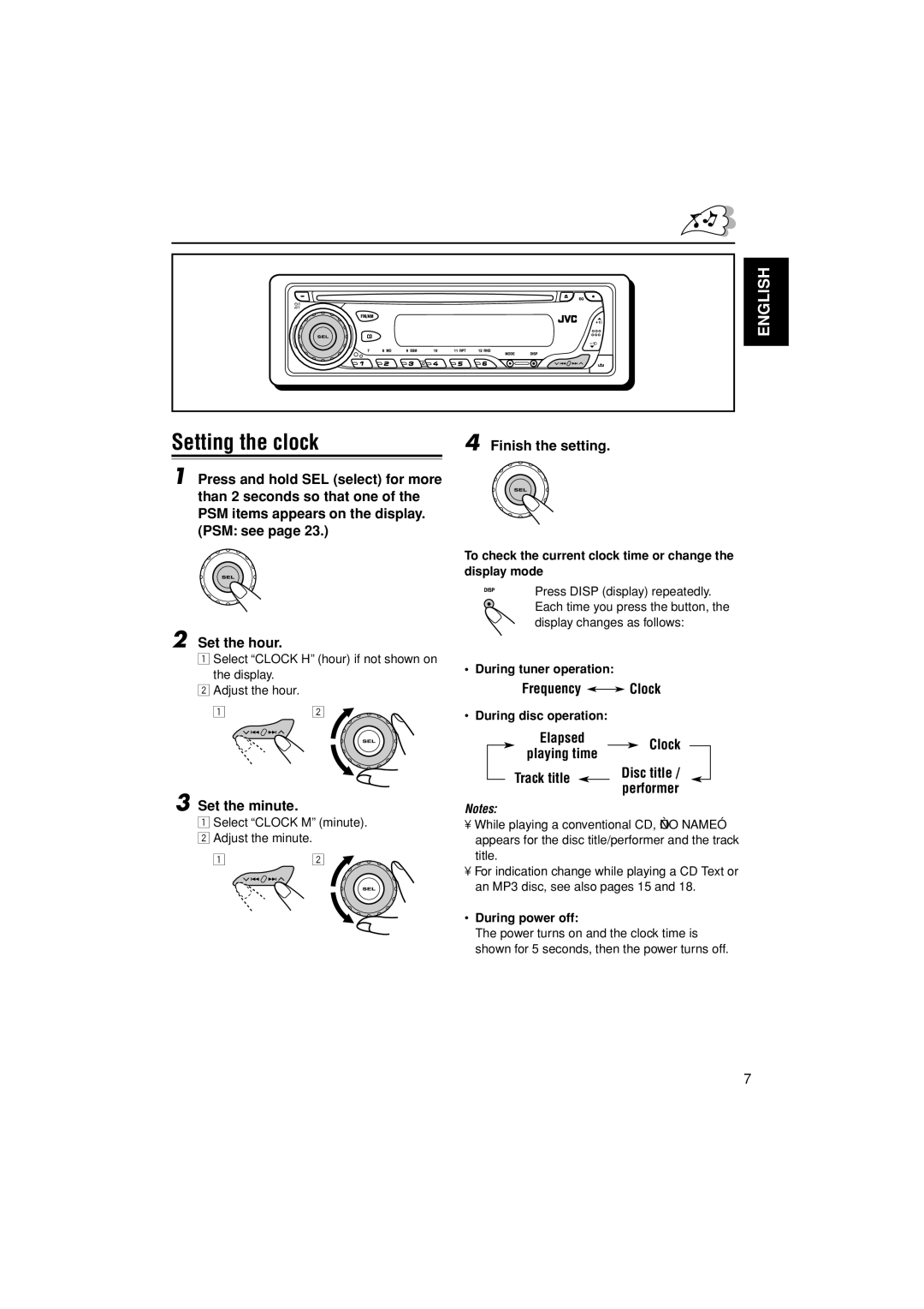 JVC KD-G407 manual Setting the clock, Set the minute, Frequency Clock, ElapsedClock playing time 