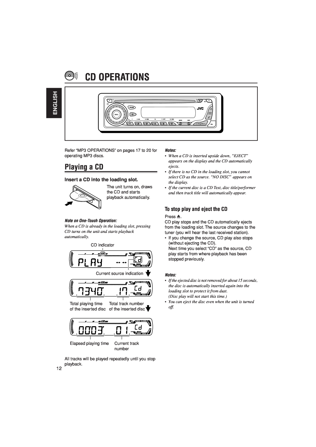 JVC KD-G407 manual Cd Operations, Playing a CD, To stop play and eject the CD, English, Insert a CD into the loading slot 